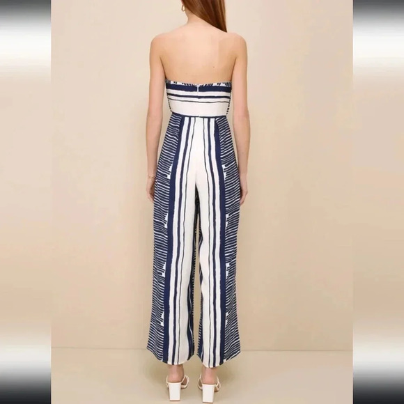 NWT Lulus Delphi Blue and White Striped Tie-Front Strapless Jumpsuit Size Small - Picture 2 of 14